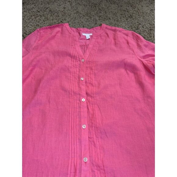 NWT CHARTER CLUB Pink 100% Linen button Front Blouse Top Roll Tab Sleeve LARGE - Picture 3 of 9